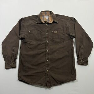 Carhartt Shirt Jacket Flannel Lined Canvas Snap Front Brown Mens Medium S296 DKB
